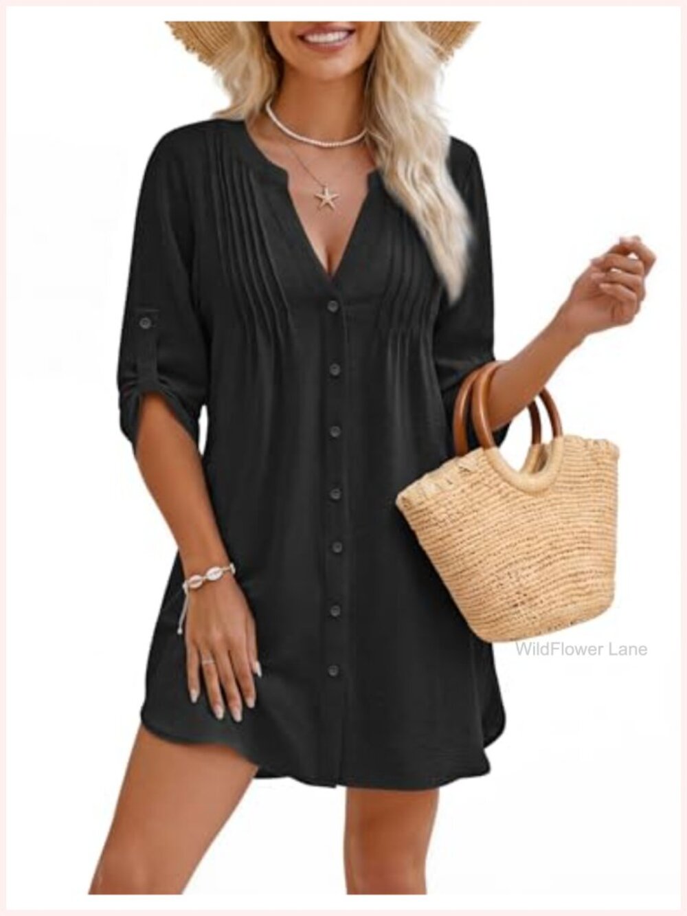 Women's Bathing Suit Cover Up Button Down Shirt Beach Cover-up 3/4 Sleeve